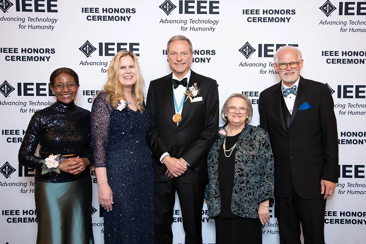 From left: IEEE Executive Director and Chief Operating Officer Sophia Muirhead, IEEE President Kathleen Kramer, IEEE Medal of Honor recipient Henry Samueli, IEEE President-elect Mary Ellen Randall, and IEEE Past President Thomas Coughlin