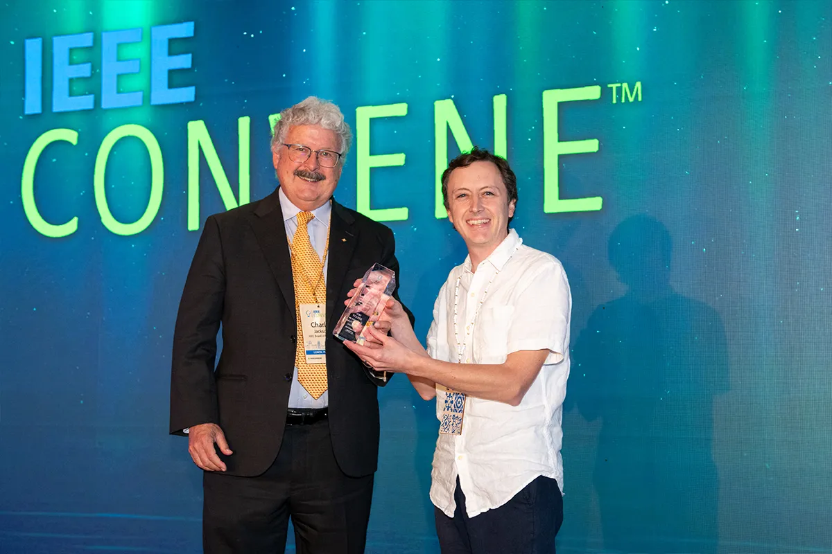 Left: Charlie Jackson, Chair, Conference Nominations, Appointments and Recommendations Committee (CNAR) and iCon award recipient Walter Scheirer, General Chair and iCon award recipient for the 2024 IEEE/CVF Conference on Computer Vision and Pattern Recognition (CVPR)