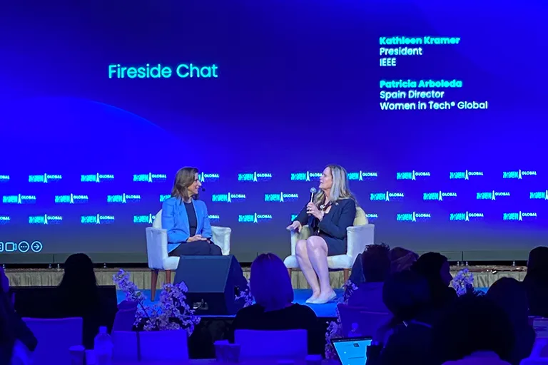 IEEE President Kathleen Kramer (right) and guest speaker at the AI for Good Global Summit